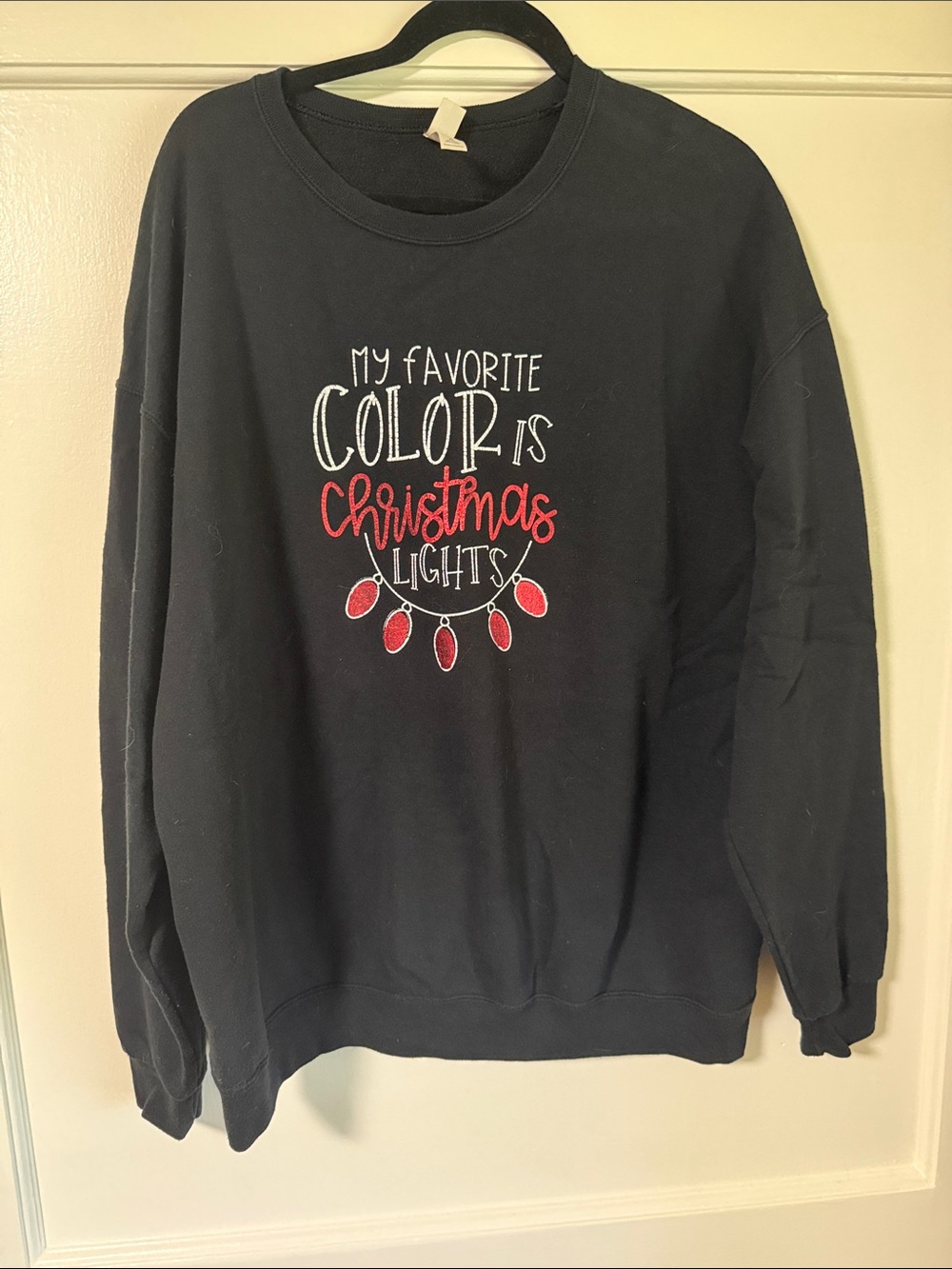 Jerzees Black Sweatshirt with Red & White Christmas Lights Graphic